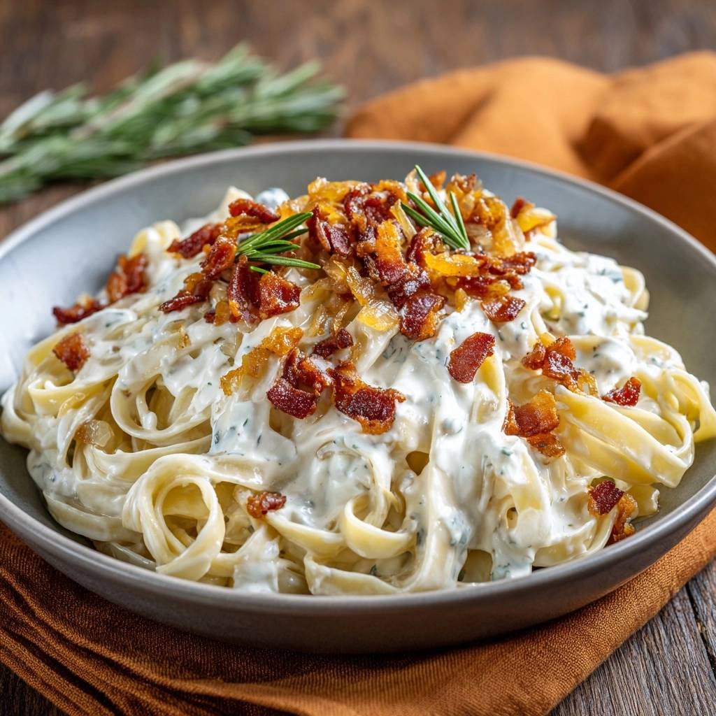 Creamy bacon onion pasta garnished with crispy bacon, caramelized onions, and fresh rosemary sprigs.