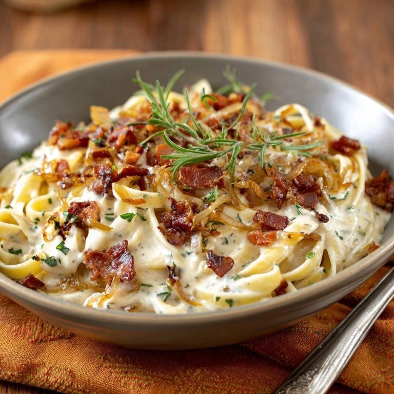 Creamy bacon onion pasta dish presented in a bowl with a close-up view of the pasta and toppings.
