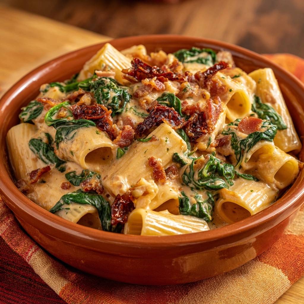 Creamy bacon spinach rigatoni shown in a close-up view within a rustic brown bowl.