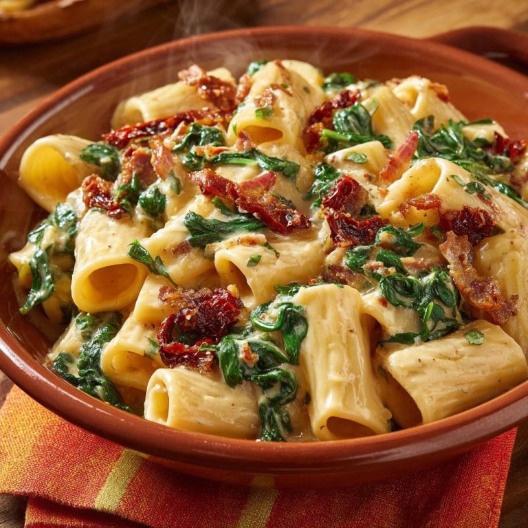 Creamy bacon spinach rigatoni in a rustic bowl with visible steam rising from the no-watery sauce.