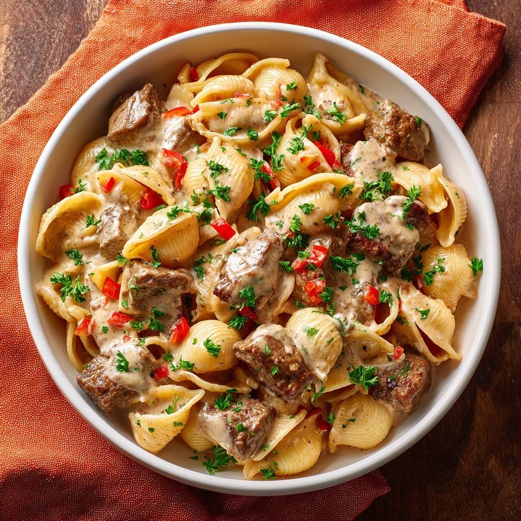 Creamy Beef Pepper Shells served in a white bowl, showcasing tender beef, pasta shells, and a creamy sauce from an overhead perspective.