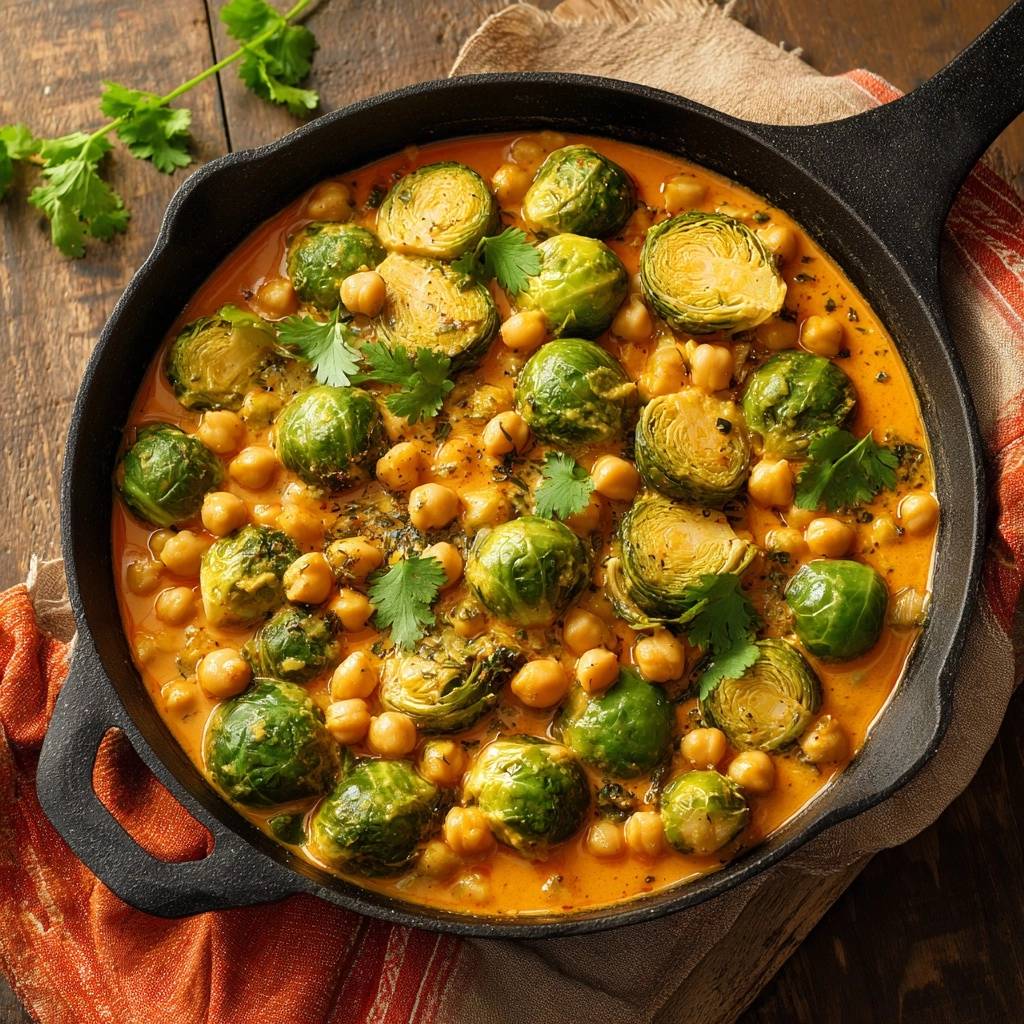 Creamy Brussels sprouts chickpea curry served in a cast iron skillet, viewed from directly above.