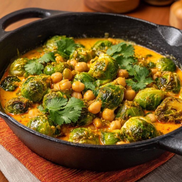 Creamy Brussels sprouts and chickpea curry served in a cast iron skillet, garnished with fresh cilantro.