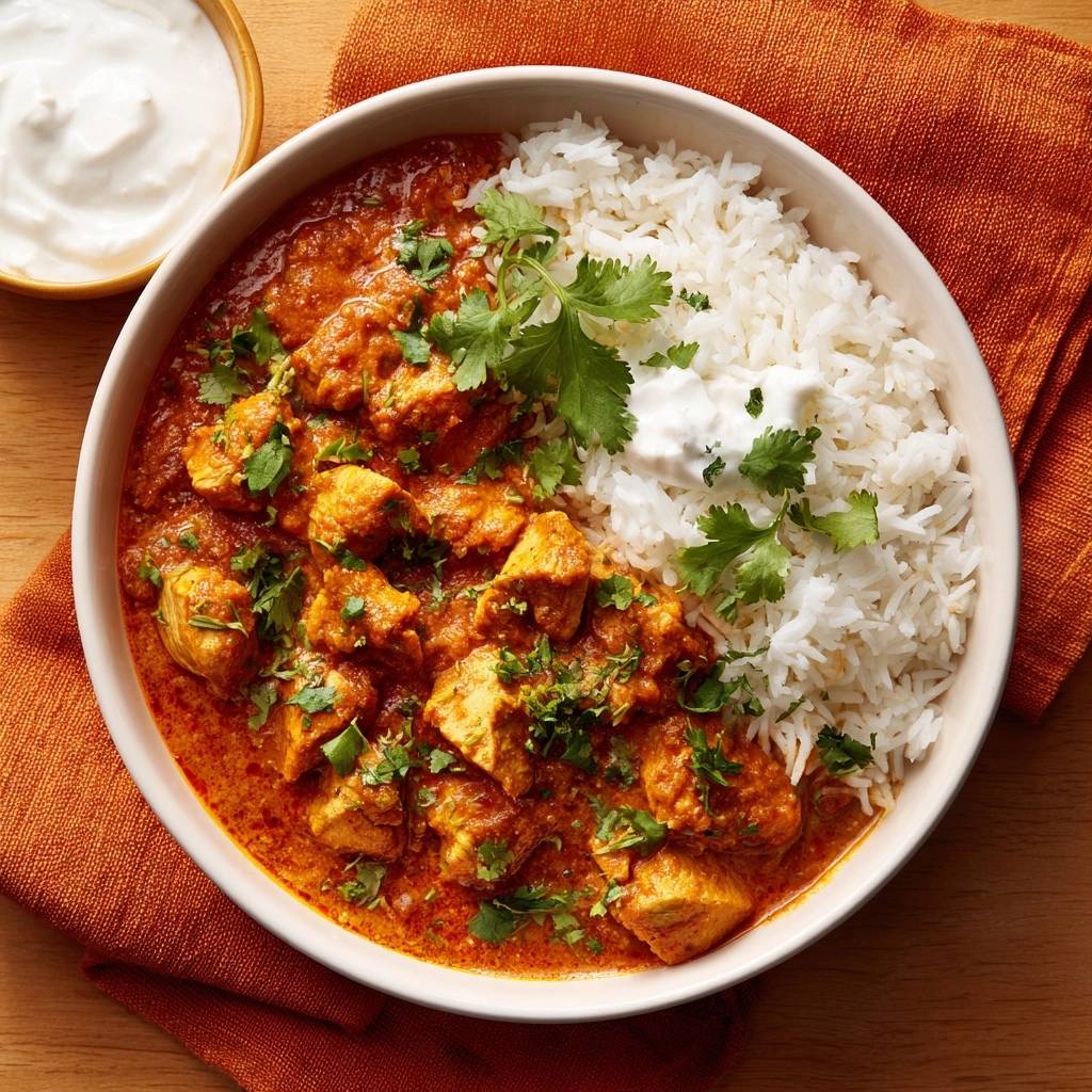 Creamy butter chicken served in a bowl with fluffy white rice and a dollop of yogurt.