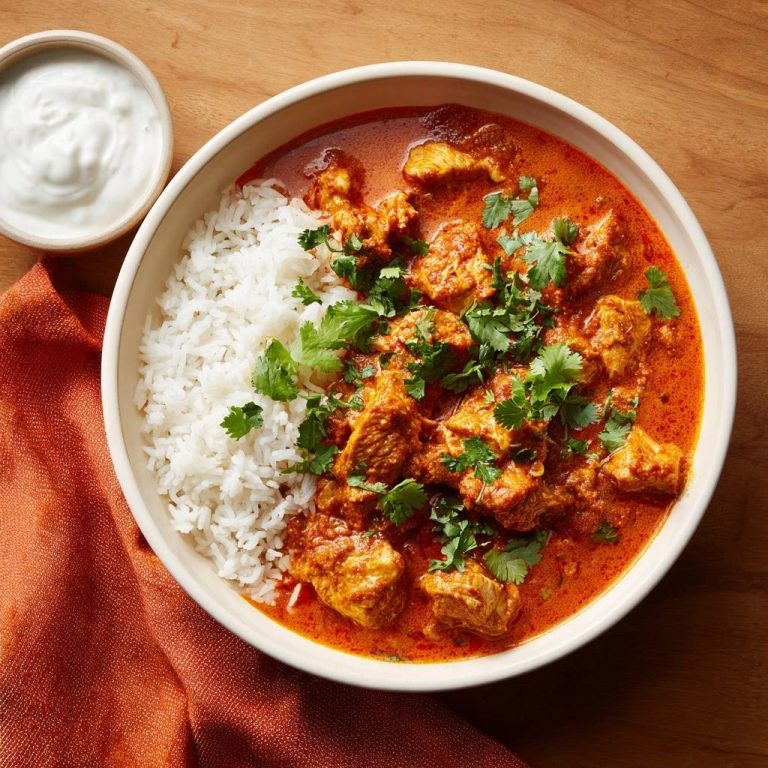 Creamy butter chicken served in a bowl with white rice and garnished with fresh cilantro, shown from an overhead perspective.