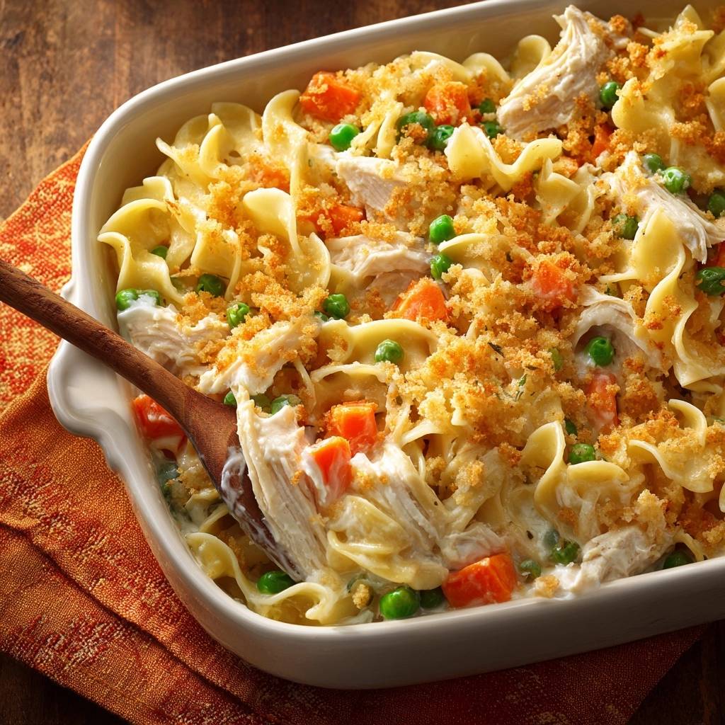 Creamy chicken noodle casserole with a spoonful being lifted, showing the tender noodles, chicken, and vegetables.
