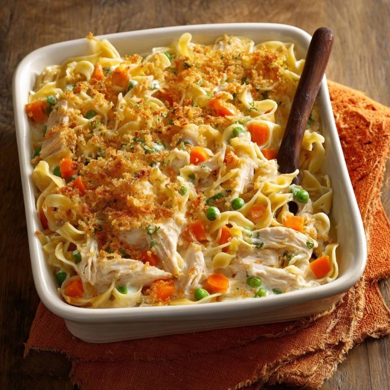 Creamy chicken noodle casserole with a shatteringly crisp topping and a wooden spoon.