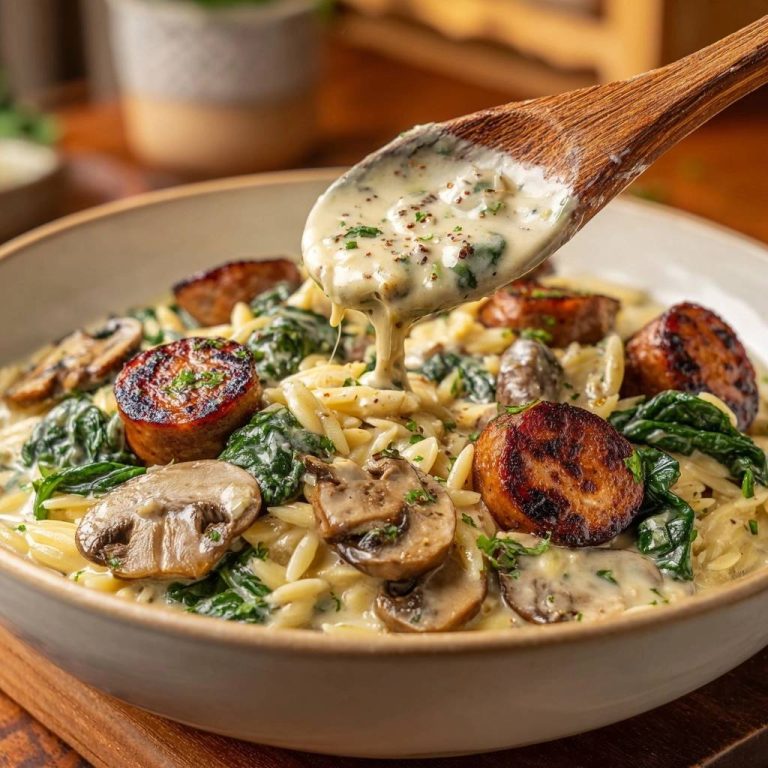 Creamy chicken sausage orzo with spinach and mushrooms, with a wooden spoon pouring sauce over the dish.