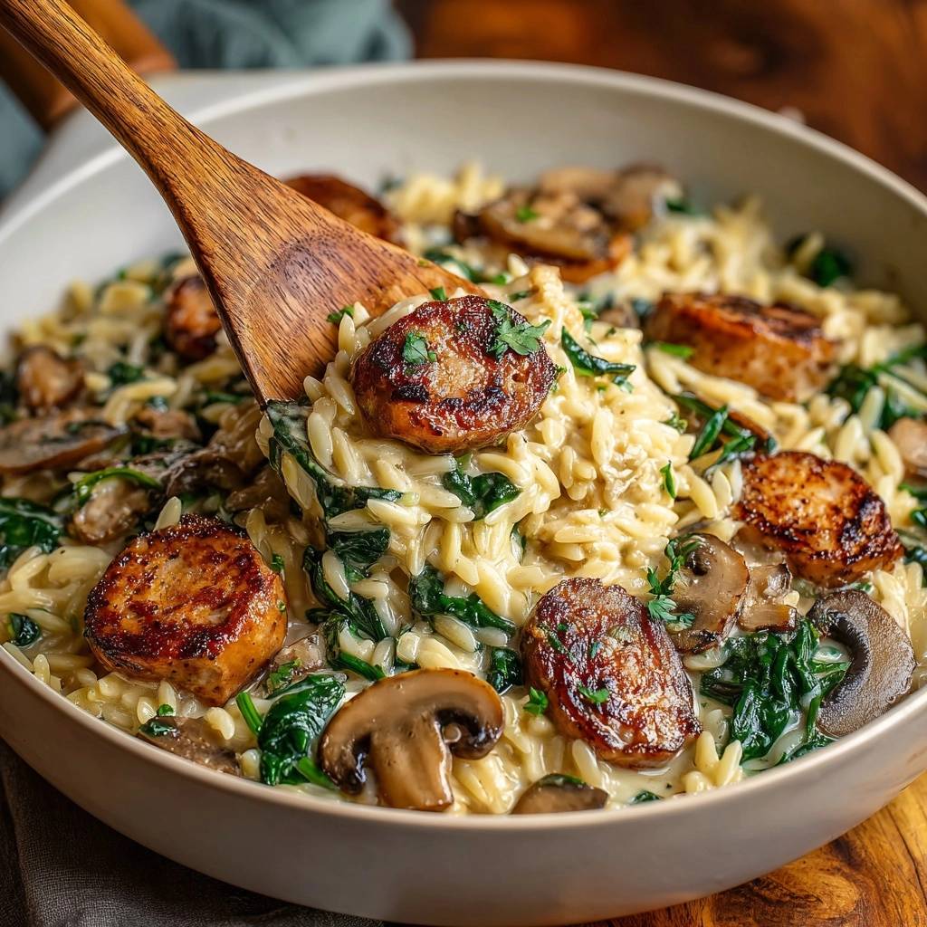Creamy chicken sausage orzo with spinach and mushrooms, with a wooden spoon scooping a generous portion.