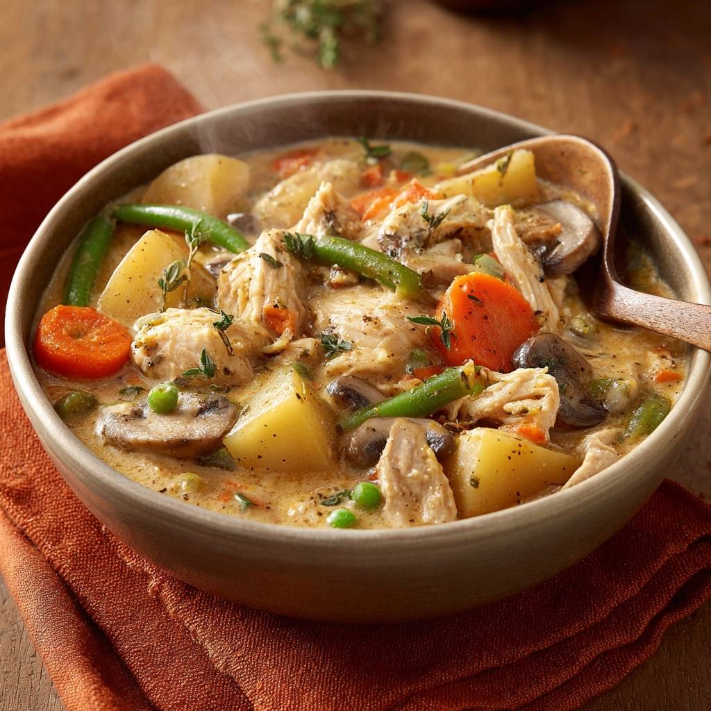 Creamy chicken vegetable stew served in a rustic bowl with a wooden spoon, showcasing hearty chunks of chicken and vegetables.