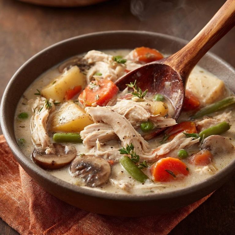 Creamy chicken vegetable stew with a wooden spoon lifting a thick, hearty spoonful filled with tender chicken and vegetables.