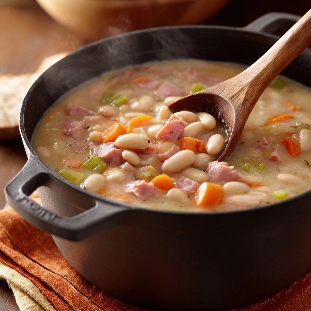 Creamy ham and white bean soup steaming in a black pot, with a wooden spoon scooping some into view.