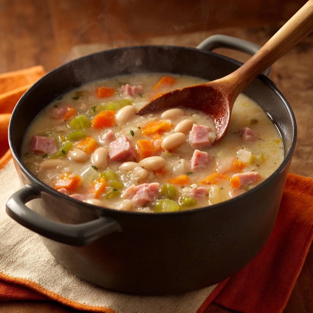 Creamy ham and white bean soup steaming in a dark pot with a wooden spoon.