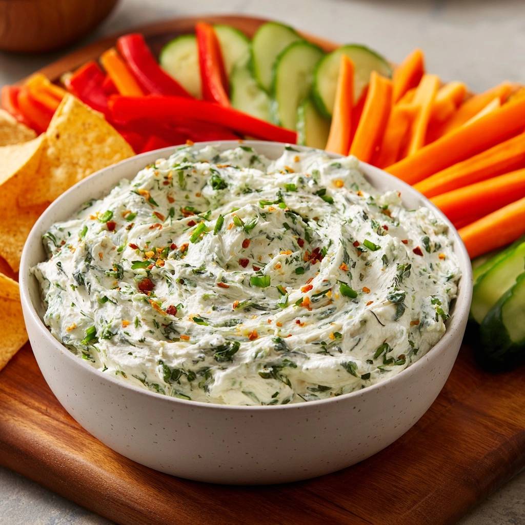 Creamy herb veggie dip shown in a white bowl, garnished with chili flakes and surrounded by fresh vegetables and chips.