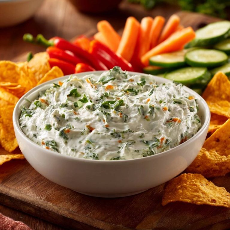 Creamy herb veggie dip in a white bowl, surrounded by chips and fresh vegetable sticks.