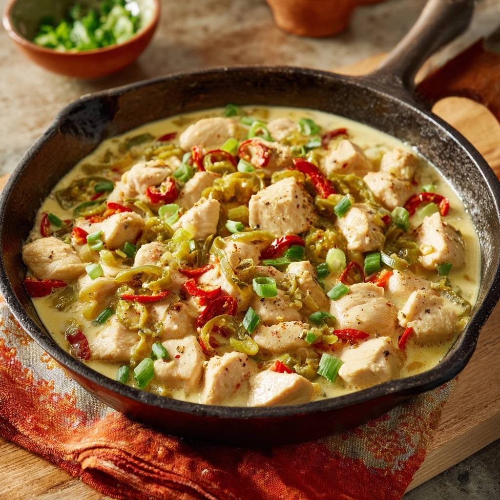 Creamy jalapeño chicken skillet shown as a close-up in a cast iron pan with peppers and green onions.