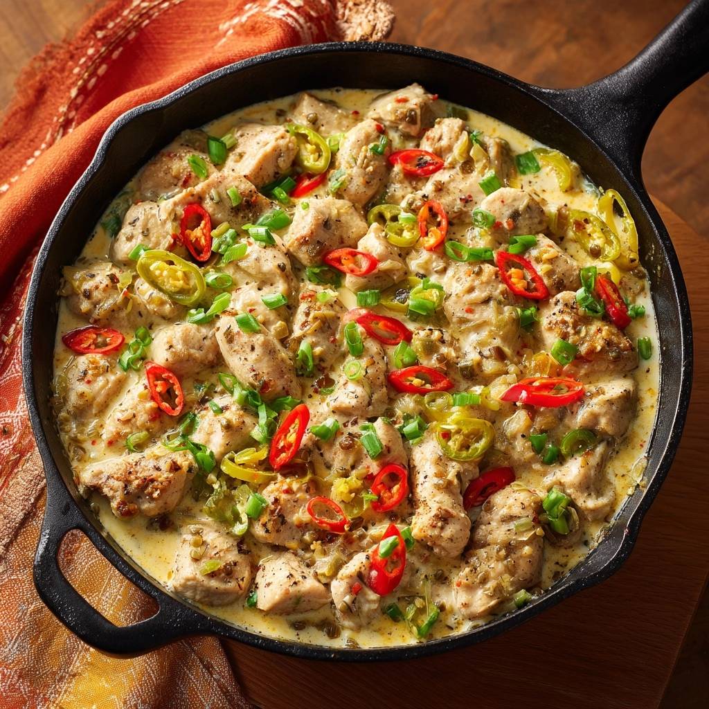 Creamy jalapeño chicken skillet in a cast-iron pan, garnished with sliced chilies and scallions