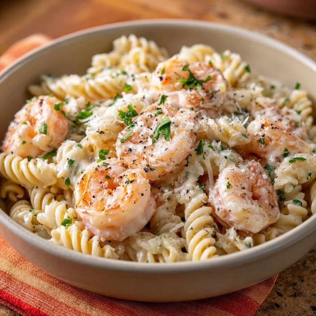 Creamy Parmesan Shrimp Rotini served in a bowl with a close-up view showcasing the pasta, shrimp, and creamy sauce.
