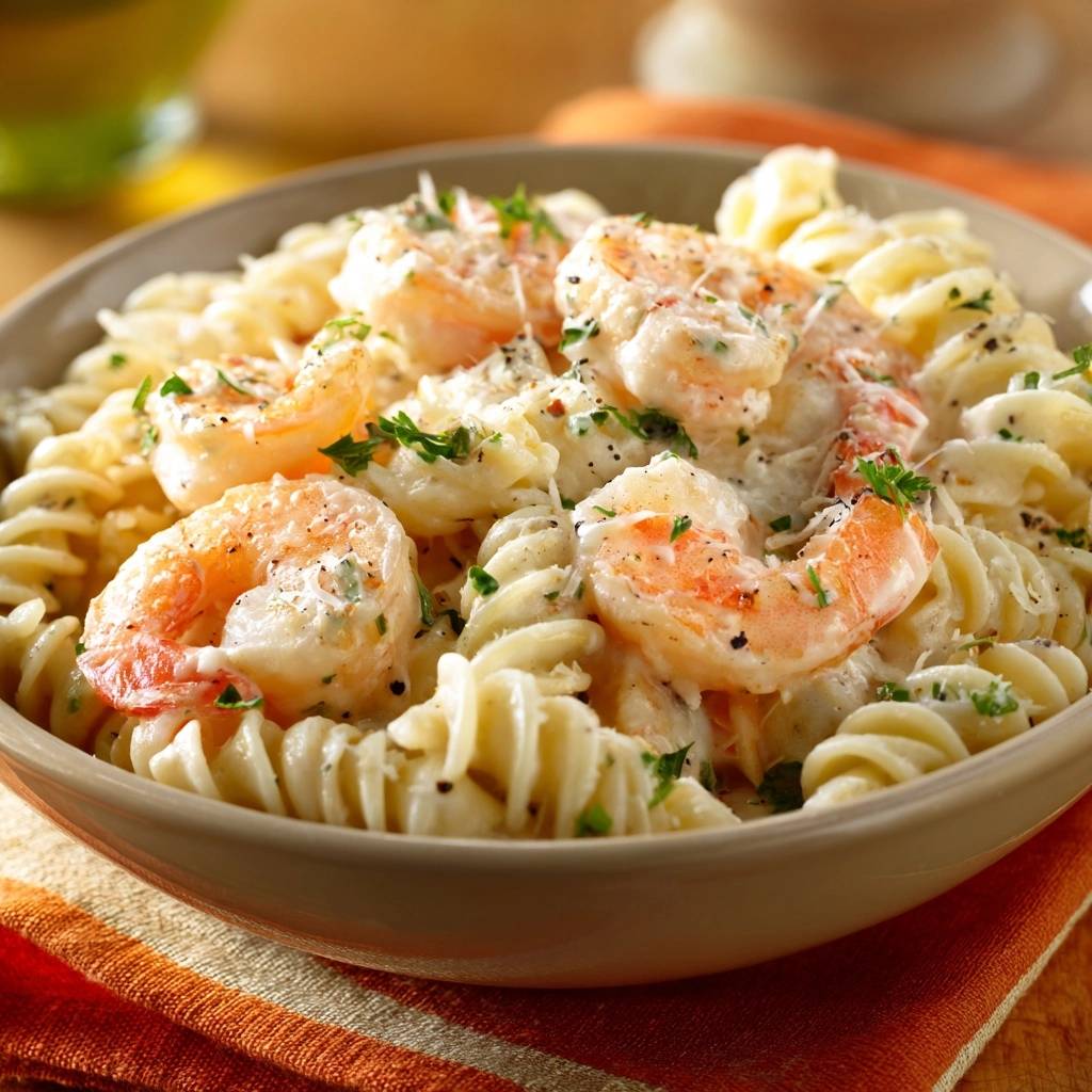 Creamy Parmesan Shrimp Rotini served in a bowl, showcasing a close-up view of the pasta and shrimp with parsley garnish.