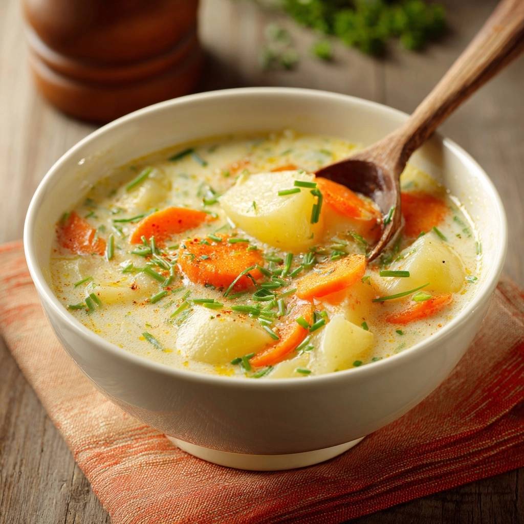 Creamy potato carrot soup with a wooden spoon scooping a bite, garnished with chives.