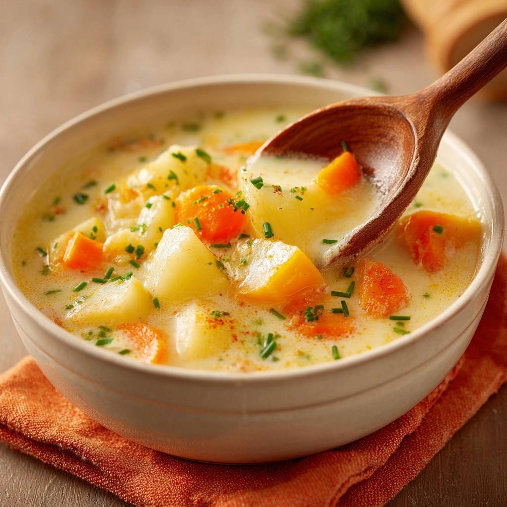 Creamy potato carrot soup with a wooden spoon scooping a rich spoonful, showcasing the thick texture.
