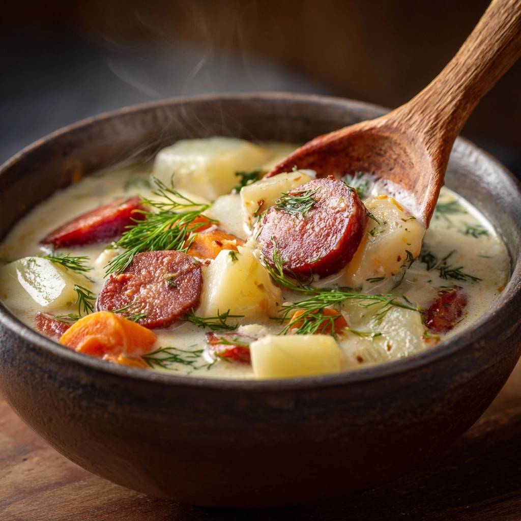 Creamy potato sausage dill soup with tender chunks, a spoonful being lifted from the bowl.