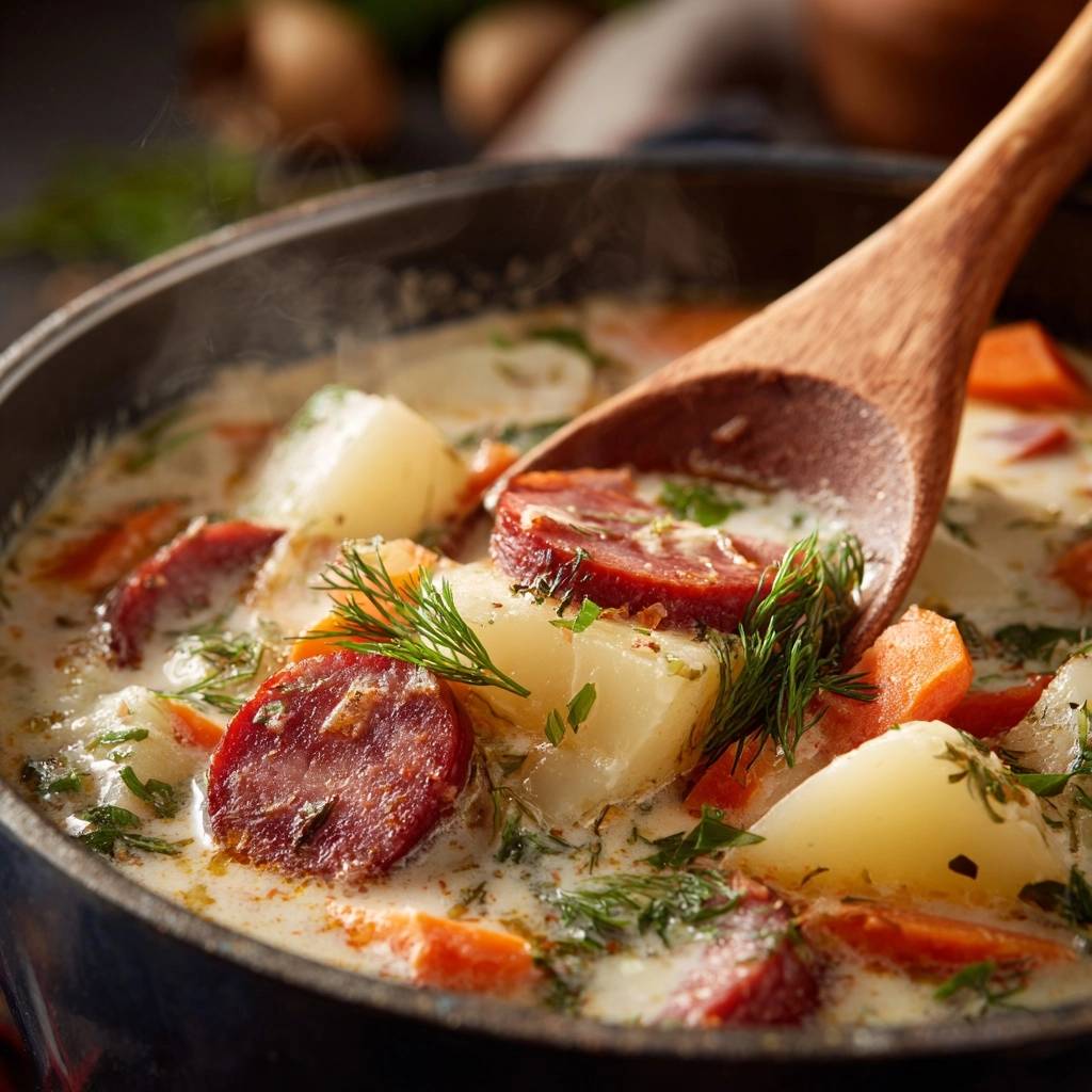 Creamy potato sausage dill soup with a wooden spoon serving a hearty chunk of potato and sausage.