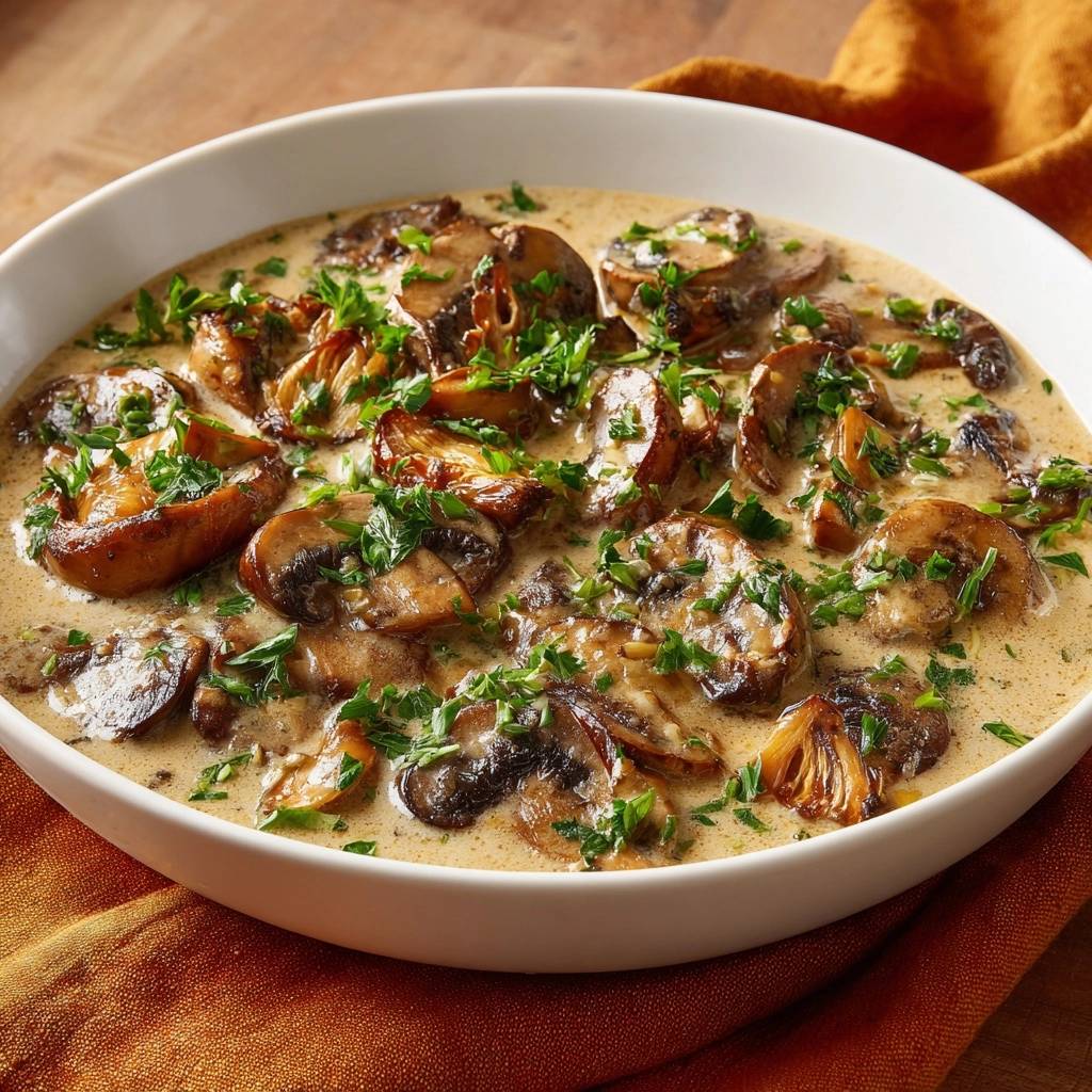 Creamy skillet mushrooms with a rich sauce and fresh parsley garnish filling a white bowl.