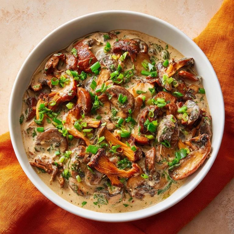Creamy skillet mushrooms in a white bowl, garnished with chopped green onions, showcasing a rich, golden texture.
