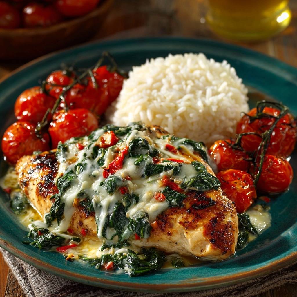 Creamy spinach sun-dried tomato chicken plated with rice and roasted cherry tomatoes, shown from a side view.