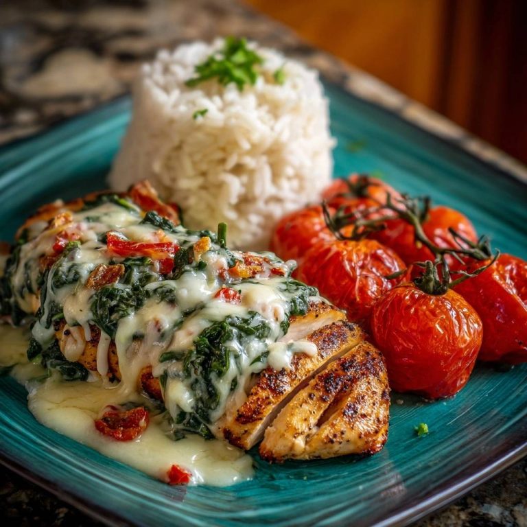Creamy spinach sun-dried tomato chicken sliced and plated with rice and cherry tomatoes.