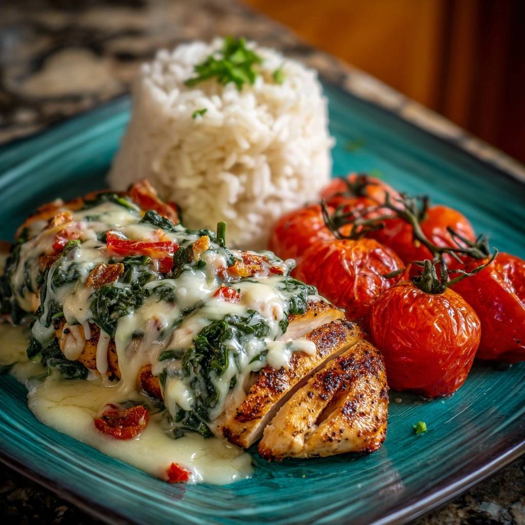Creamy spinach sun-dried tomato chicken sliced and plated with rice and cherry tomatoes.