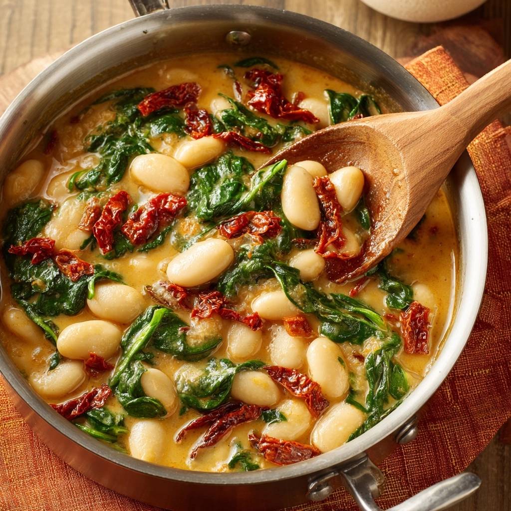 Creamy spinach white beans with sun-dried tomatoes, a wooden spoon lifts a generous spoonful of the dish.