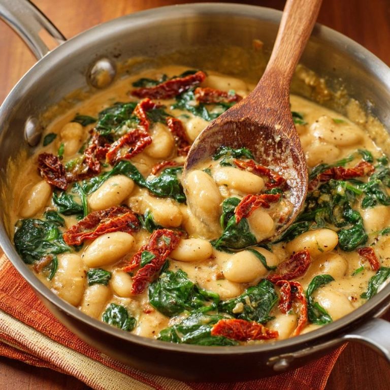 Creamy spinach white beans with sun-dried tomatoes, a spoonful lifting the hearty dish from the skillet.
