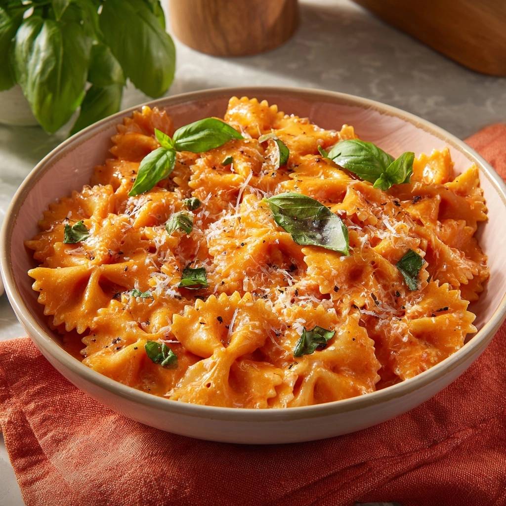 Creamy tomato basil farfalle with fresh basil garnish and grated Parmesan cheese in a bowl.
