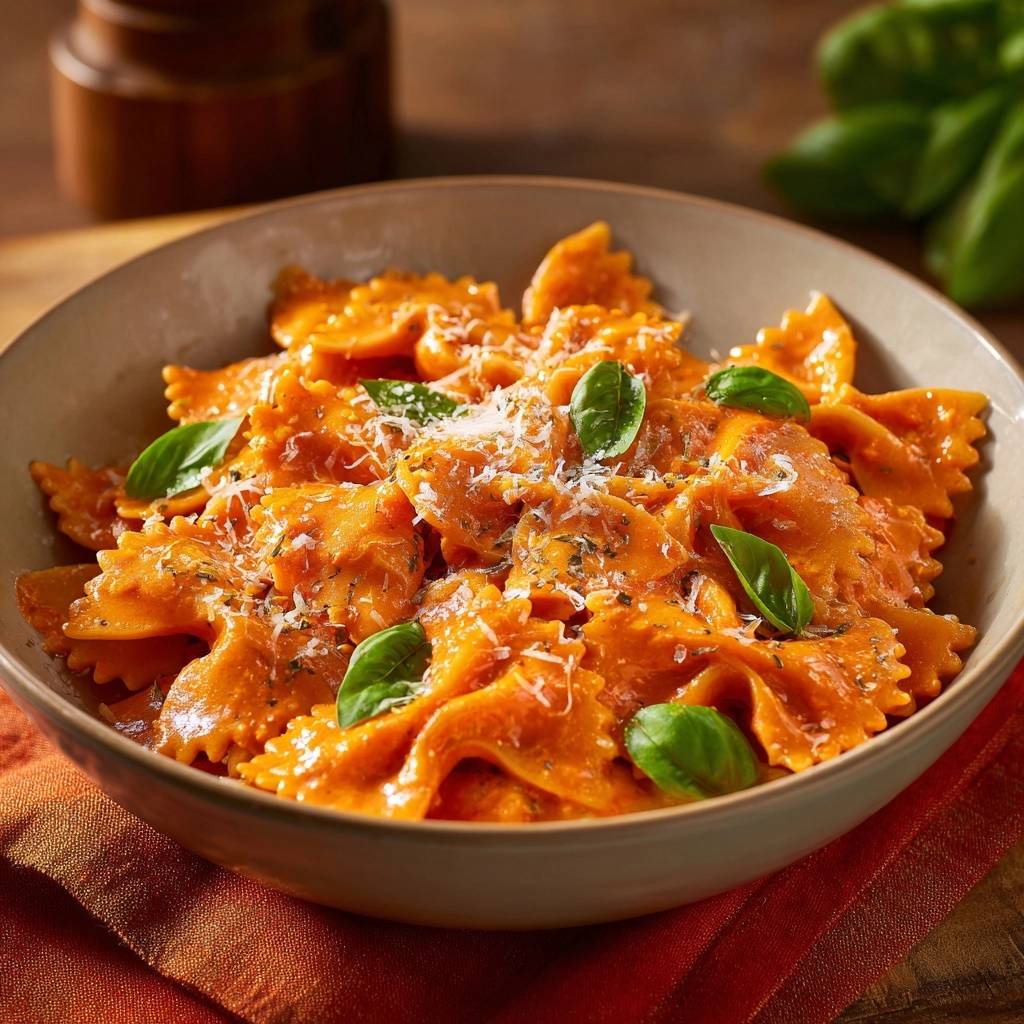 Creamy tomato basil farfalle served in a detailed bowl, garnished with fresh basil leaves and grated Parmesan.