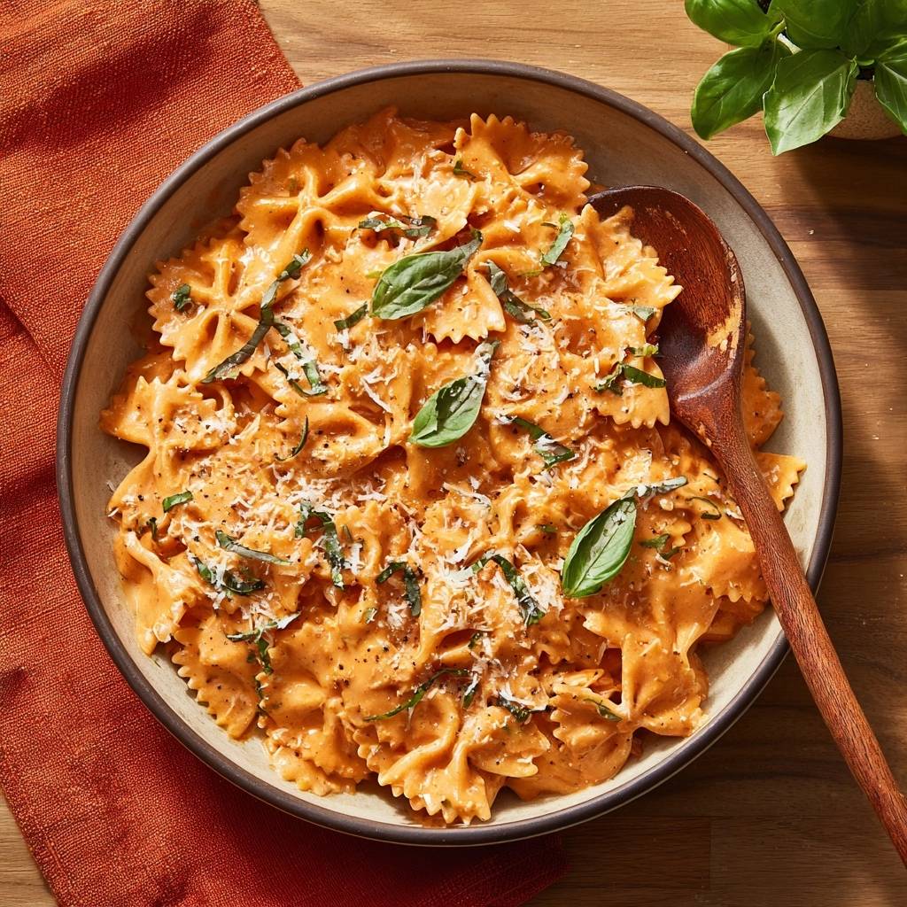 Creamy tomato farfalle pasta in a bowl with a wooden spoon and fresh basil garnish