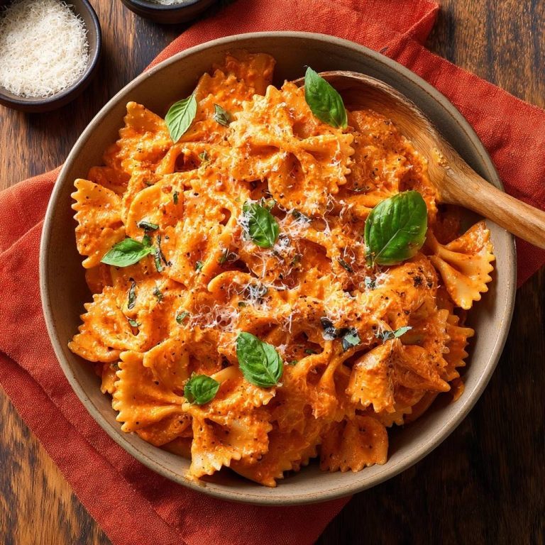 Creamy tomato farfalle served in a rustic bowl, captured from an overhead view with a wooden spoon.