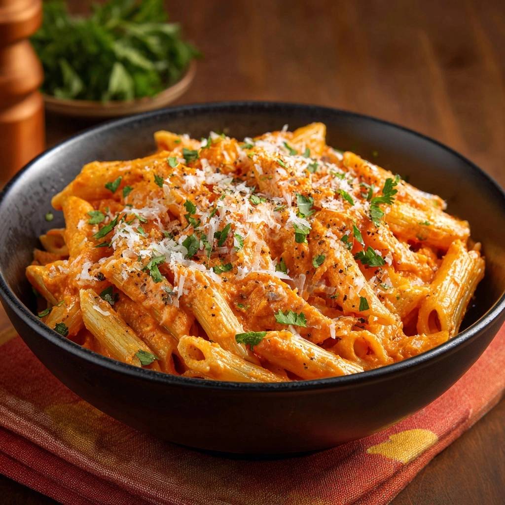 Creamy tomato penne with clinging sauce served in a black bowl, generously garnished with grated cheese and parsley.