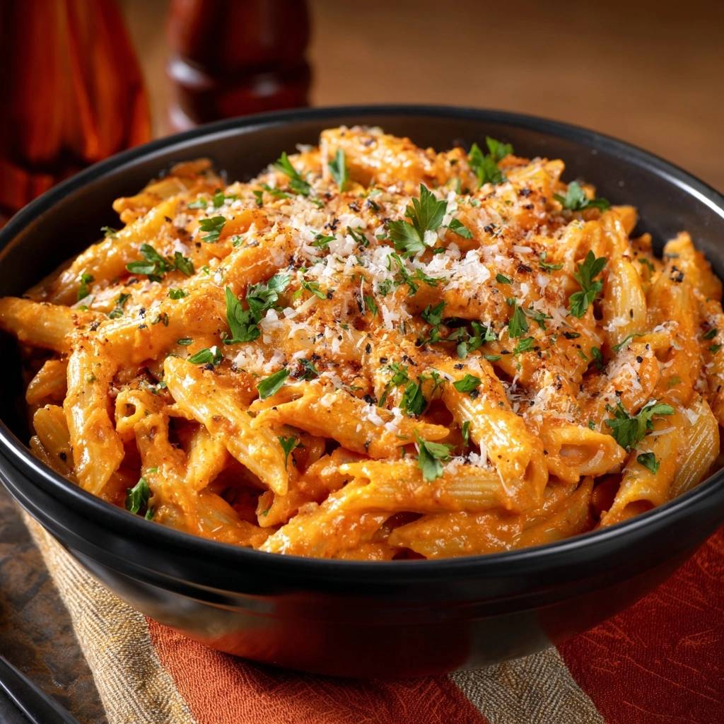 Creamy tomato penne with clingy sauce, shown in a close-up view with fresh parsley and grated cheese garnish.