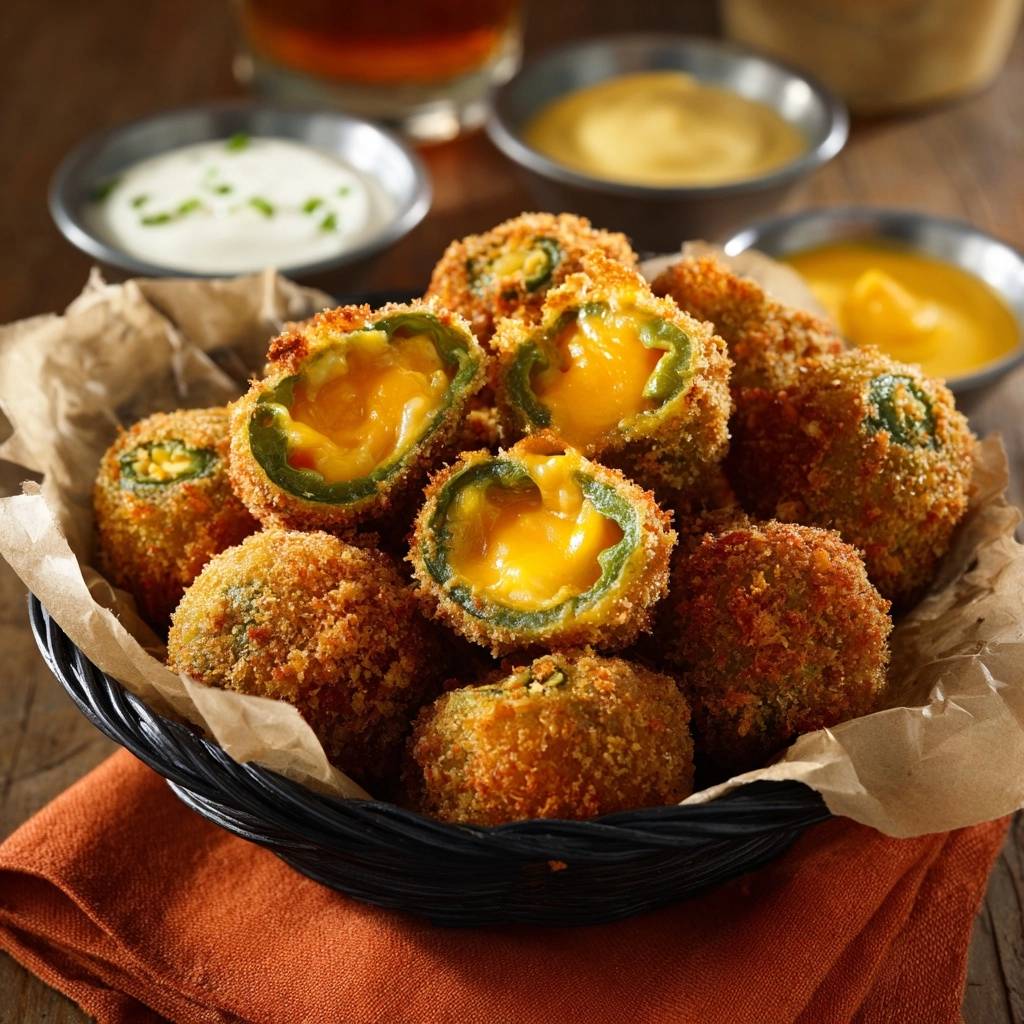 Crispy cheddar jalapeño poppers with bulletproof breading, shown in a close-up cross-section revealing the melted cheese interior.