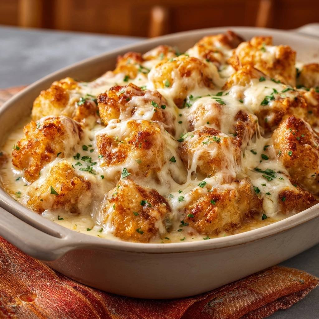 Crispy cheesy chicken casserole with melted cheese and parsley garnish, shown in a casserole dish.