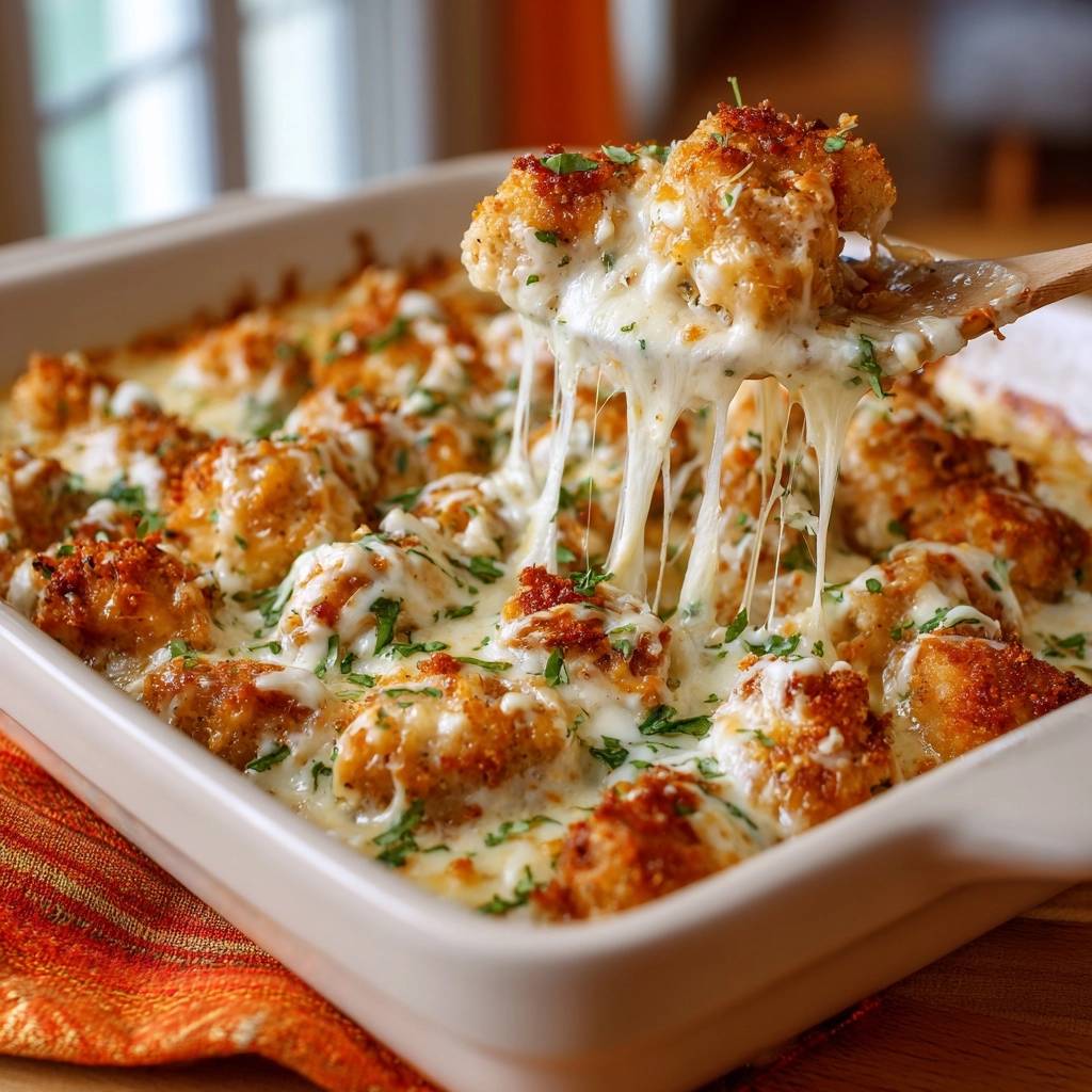 Crispy cheesy chicken casserole with a wooden spoon lifting a piece showcasing a gooey, stretchy cheese pull.