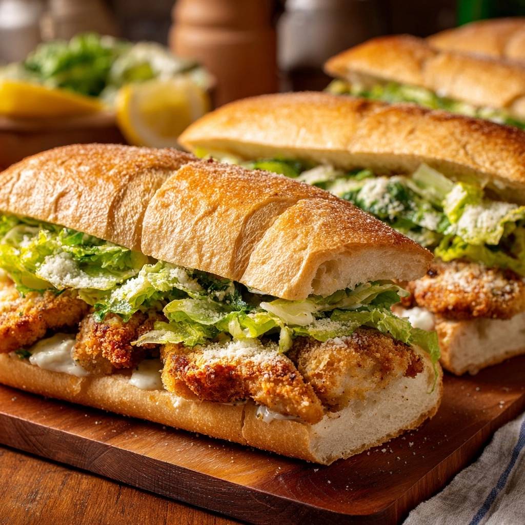 Crispy chicken Caesar subs with no-soggy bread shown in a close-up cross-section revealing the generous filling.