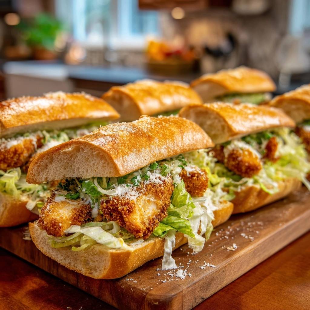 Crispy chicken Caesar subs with no-soggy bread shown in a close-up side view on a wooden cutting board.