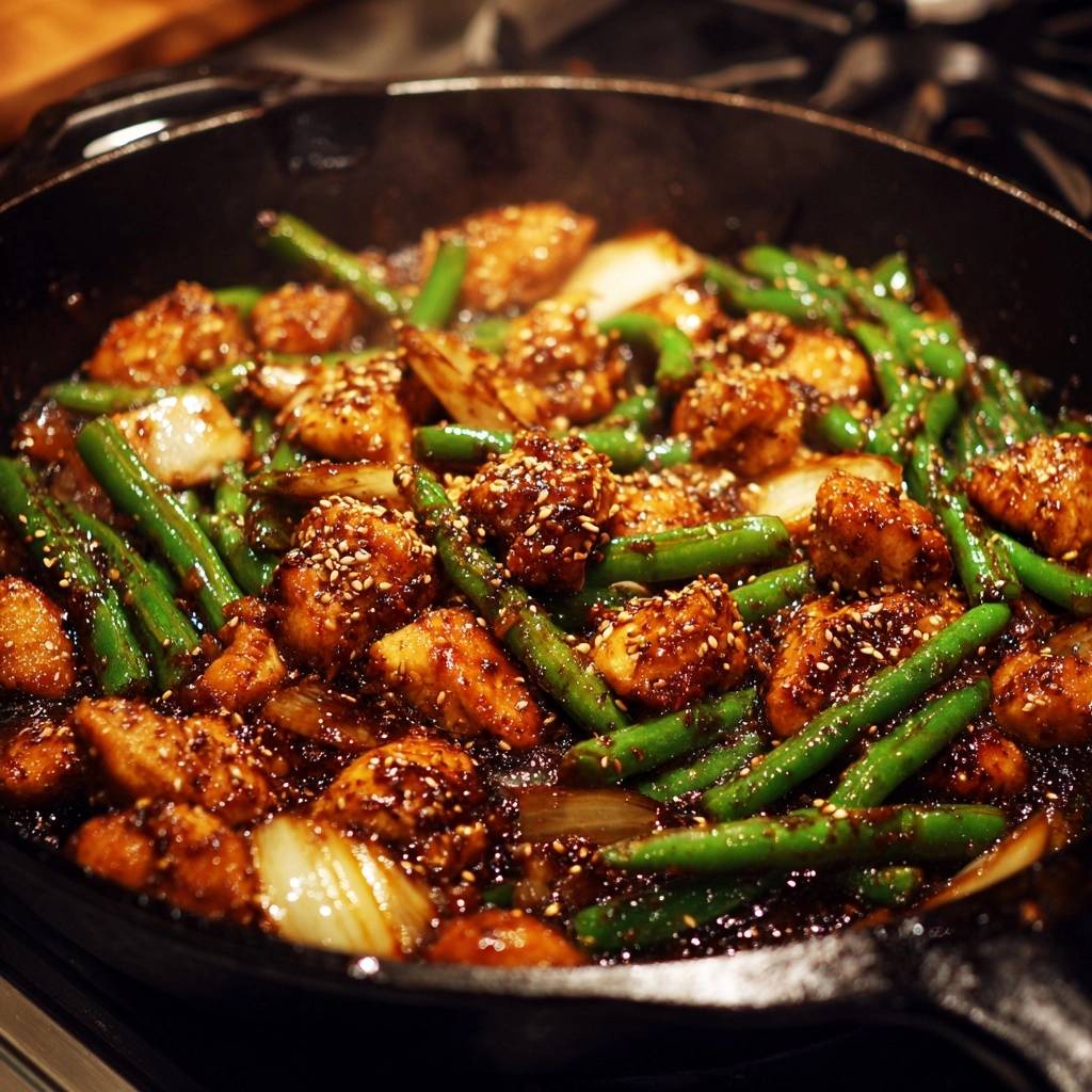 Crispy chicken green bean stir-fry cooking in a cast iron skillet, showcasing glazed chicken and vibrant green beans with sesame seeds.