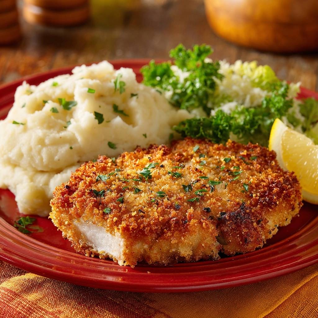 Crispy chicken schnitzel with mashed potatoes plated on a red dish, served with a lemon wedge and parsley garnish.