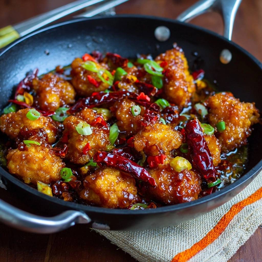 Crispy chili chicken with a glossy, glistening glaze and scattered red chilies and green onions.