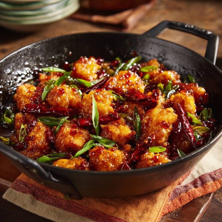 Crispy chili chicken, double-fry crunch mastery, served in a black wok with scallions and dried chilies.