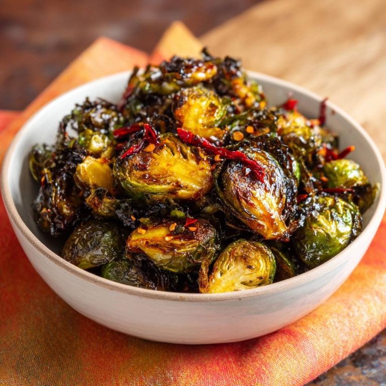 Crispy chili roasted Brussels sprouts shown in a close-up view, highlighting their roasted texture and red chili flakes.